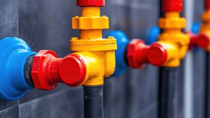 Industrial gas valve and pipeline equipment on industrial facility wall energy transmission and distribution system utility infrastructure technology