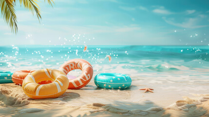 Obraz premium vibrant beach scene featuring colorful inflatable rings on sandy shores, with gentle waves and clear blue sky, evoking sense of relaxation and summer fun