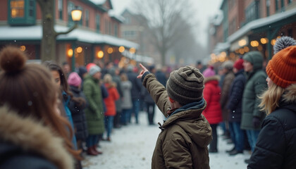 Obraz premium A crowd gathers in winter wonderland to celebrate Groundhog Day with excitement and anticipation under the snowflakes