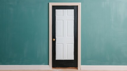 Minimal modern green interior wall with a simple wooden paneled closed door frame in the center providing a serene and elegant architectural background with ample negative space and copy space