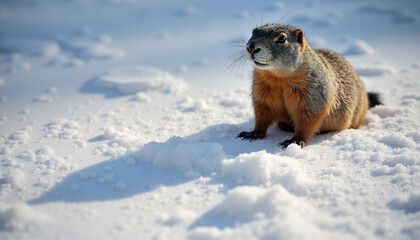 A curious groundhog emerges from the snow on a crisp winter morning during the annual Groundhog Day celebration