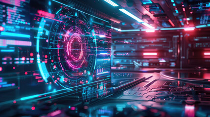 Obraz premium futuristic digital interface with vibrant neon colors and intricate patterns, showcasing advanced technology and data visualization. scene evokes sense of innovation and high tech ambiance
