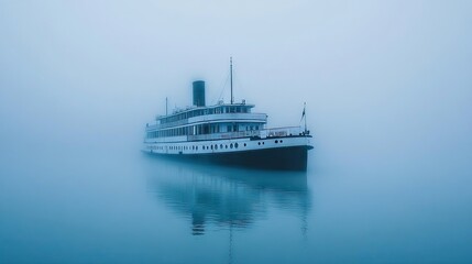 Obraz premium A serene blue ferry glides through the misty morning river, enveloped in soft fog and shimmering reflections