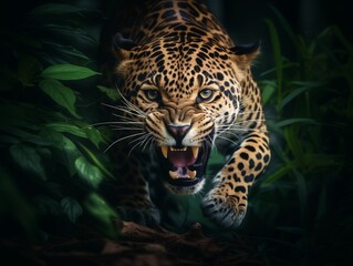 Ein Jaguar schleicht durch den Regenwald und ist angriffslustig, Jagender und gefährlicher Jaguar im Regenwald
