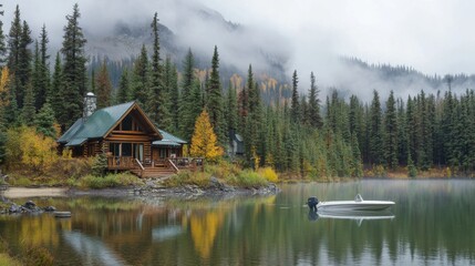 Quiet lake and house forest in autumn rain