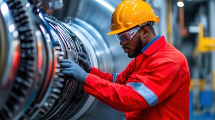 Fototapeta premium Skilled Industrial Factory Worker Wearing Protective Uniform and Helmet Inspecting and Repairing Heavy Machinery Equipment Pipes Valves and Turbines in a Manufacturing Workshop