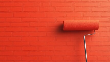 Obraz premium Red Brick Wall Background with Paint Roller Tool in Professional Workspace or Construction Site for Home Improvement Renovation or Remodeling