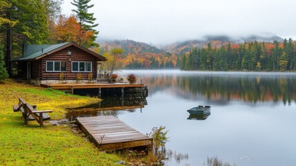 Quiet lake and house forest in autumn rain