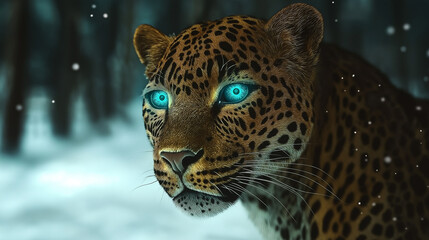 Obraz premium Close-up of a Leopard in a Snowy Winter Environment with Neon Blue Eyes