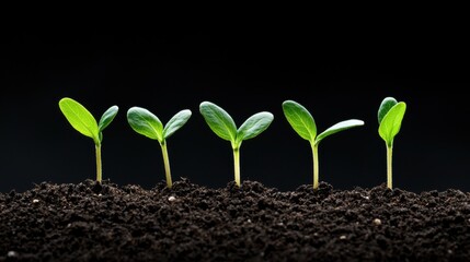 A row of small green plants are growing in the dirt