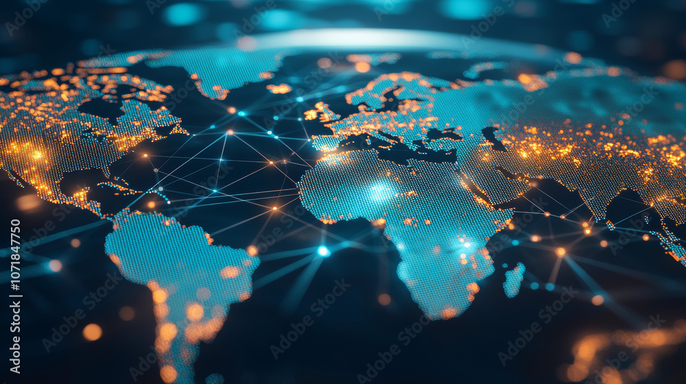 Poster a world map showing interconnected lines and dots, representing a global network of businesses and c