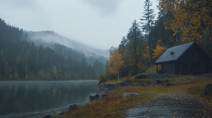 Quiet lake and house forest in autumn rain
