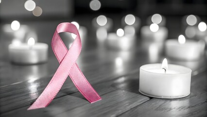 Black and white close-up of a single pink cancer ribbon surrounded by soft candlelight bokeh.