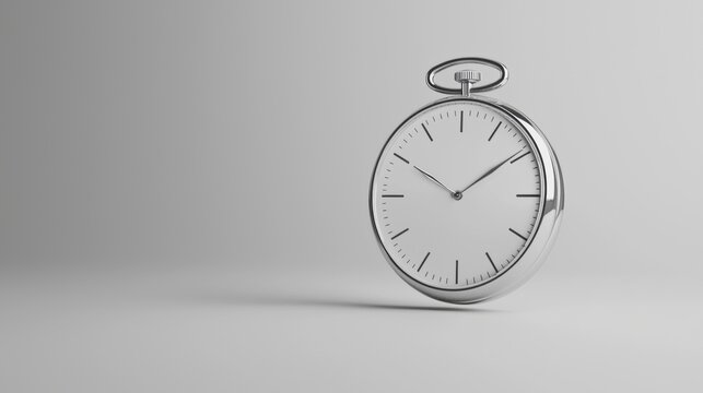 A silver clock with a white face sits on a white background