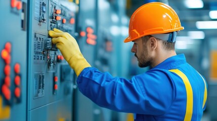 Skilled Industrial Worker Wearing Protective Uniform and Hardhat Repairing and Maintaining Electrical Control Panel in Manufacturing Factory Workshop