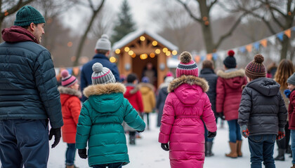 Families gather in a snowy park for Groundhog Day festivities and celebrations in the heart of wintertime fun