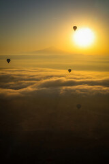 magical sunrise with hot air balloon at Cappadocia Turkey. View from hot air balloon.