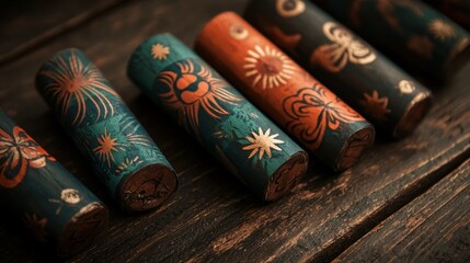 A row of wooden wine corks with various designs on them