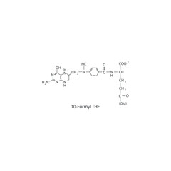 10-Formyl THF skeletal structure diagram.Vitamin B9 compound molecule scientific illustration.