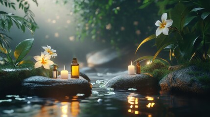 Naklejka premium A refreshing aromatherapy corner with lit candles, essential oils, and plumeria flowers on stones by a stream, with greenery and droplets of water on leaves