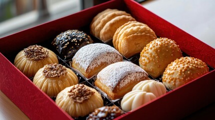 A red box filled with a variety of pastries, including donuts and croissants