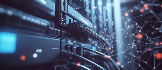 Fototapeta premium cables connected to a switch on white background. Low Poly black origami fiber optic in server room close up