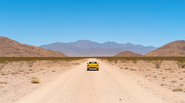Exploring a sun-drenched desert trail in a vibrant yellow buggy beneath a bright blue sky, showcasing the beauty of outdoor adventure