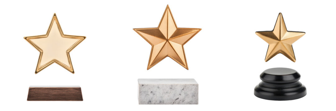 Elegant golden star shaped trophy displayed on a sleek white marble pedestal showcasing a prestigious award or achievement in a celebratory and prestigious competition or event setting