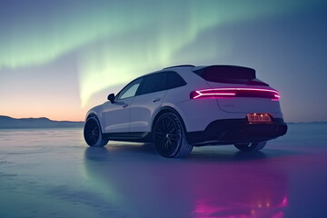 A glowing aurora borealis with green and purple lights dancing across the sky, reflected on the snowy ground