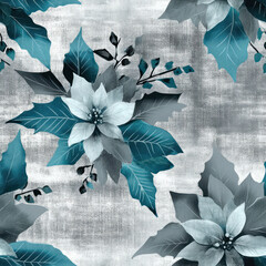 Teal Poinsettias and Mistletoe on Silver Background