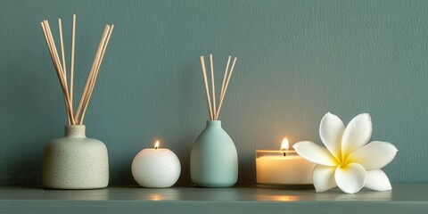 Close-up of a peaceful aromatherapy corner with a candle, diffuser, and fresh plumeria flower, inviting relaxation and calmness in a minimalist decor