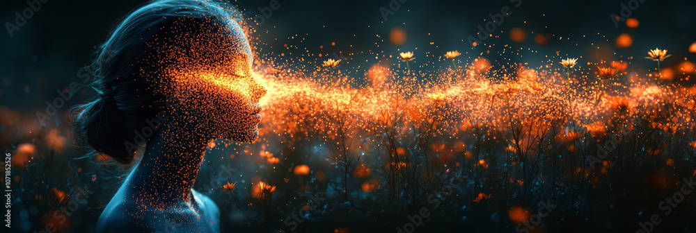 Aufkleber silhouette of a person with dynamic, moving particles surrounding them, capturing the concept of all