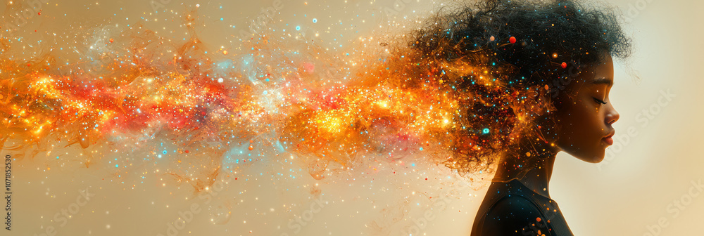 Poster Silhouette of a person with dynamic, moving particles surrounding them, capturing the concept of allergies in a vibrant style,