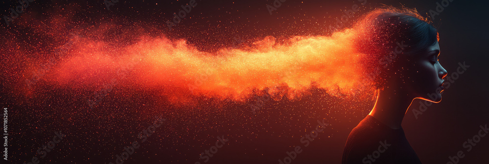 Poster Silhouette of a person with dynamic, moving particles surrounding them, capturing the concept of allergies in a vibrant style,