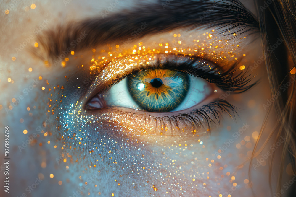 Poster an elegant design with light particle textures surrounding an eye outline, highlighting the irritati