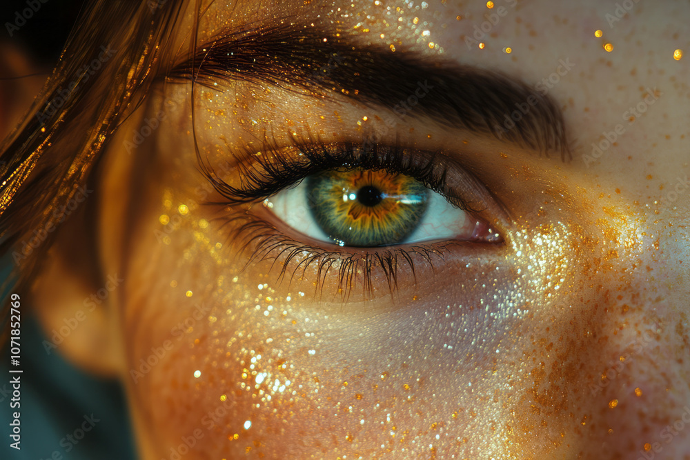 Poster An elegant design with light particle textures surrounding an eye outline, highlighting the irritation of allergies,