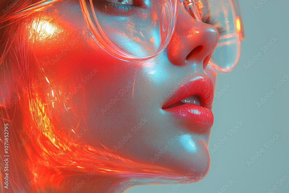 Poster geometric, transparent shapes floating around a stylized nose and mouth, capturing allergens in a sl