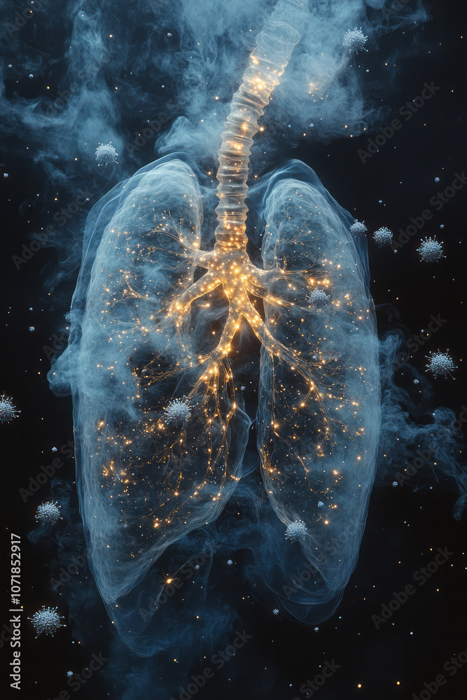 Poster A glowing silhouette of the respiratory system with soft particles floating around, representing allergens in a clean, medical aesthetic,