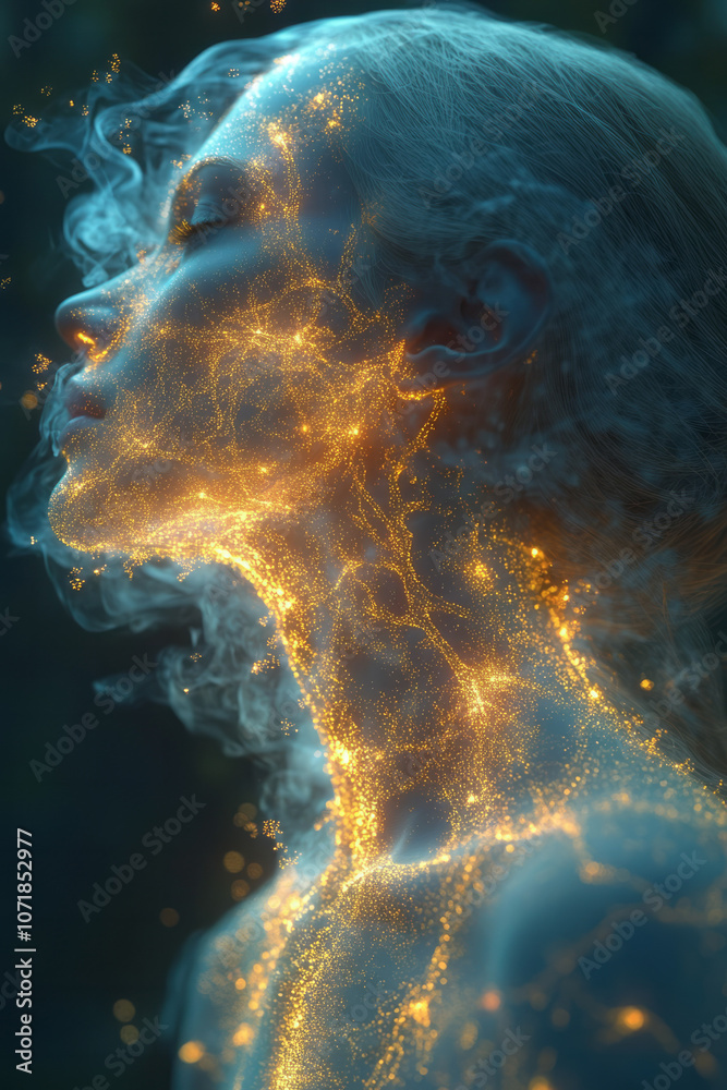 Poster A glowing silhouette of the respiratory system with soft particles floating around, representing allergens in a clean, medical aesthetic,