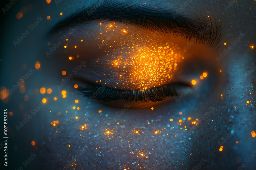 Poster Dynamic, particle-like shapes floating around a pair of closed eyes, symbolizing allergen irritation in a modern style,