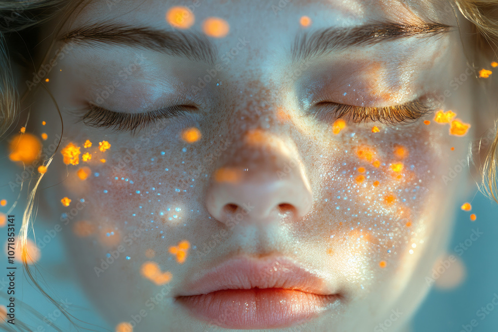Poster Dynamic, particle-like shapes floating around a pair of closed eyes, symbolizing allergen irritation in a modern style,