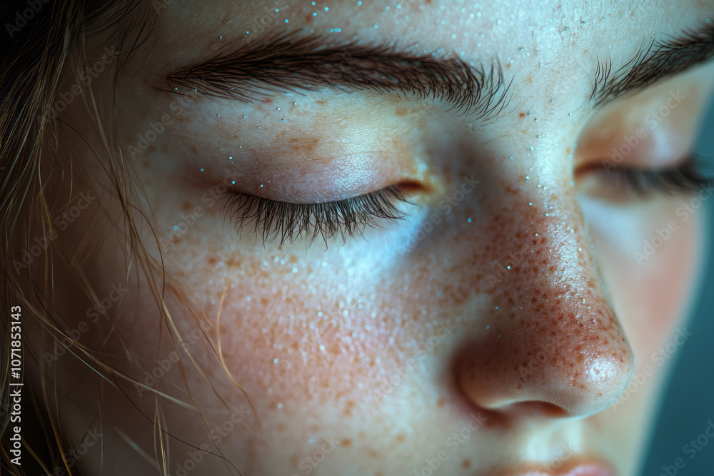 Aufkleber dynamic, particle-like shapes floating around a pair of closed eyes, symbolizing allergen irritation