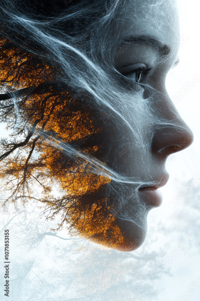Aufkleber delicate waves of allergen particles flowing around a face silhouette, creating a conceptual visuali