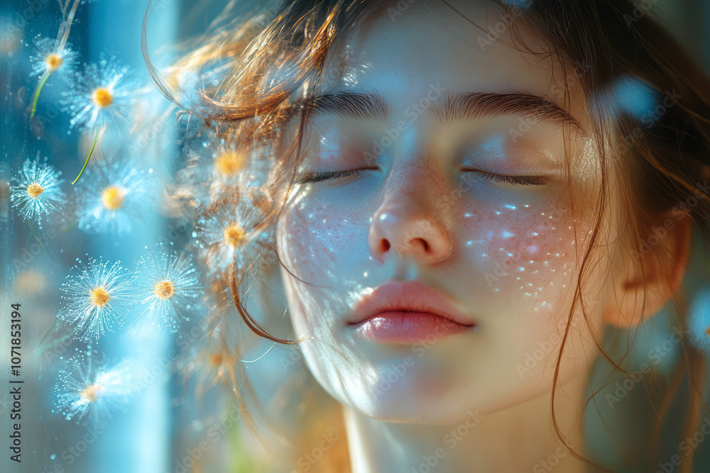Poster Dynamic, particle-like shapes floating around a pair of closed eyes, symbolizing allergen irritation in a modern style,