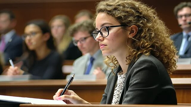 Law Student Engaged in Constitutional Law Lecture Taking Notes