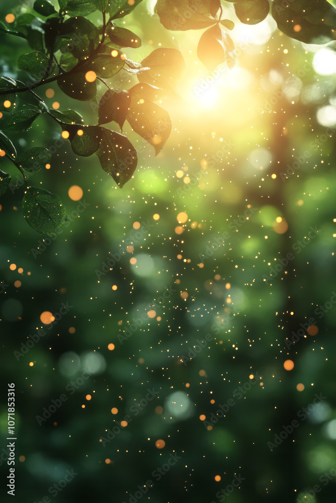 Poster photorealistic image of pollen particles floating in sunlight with a blurred green background, symbo