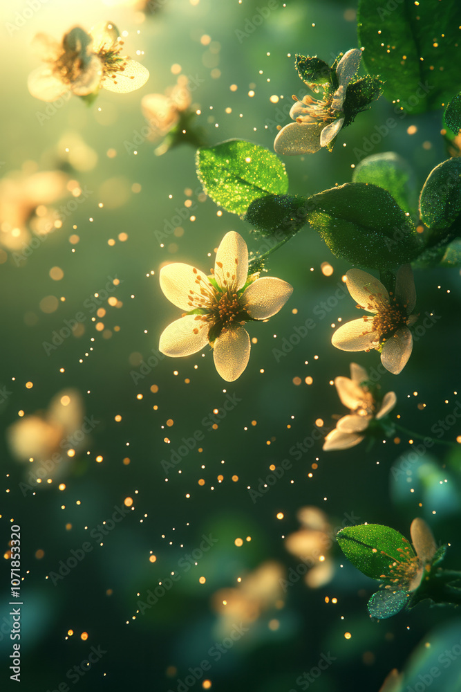 Poster photorealistic image of pollen particles floating in sunlight with a blurred green background, symbo