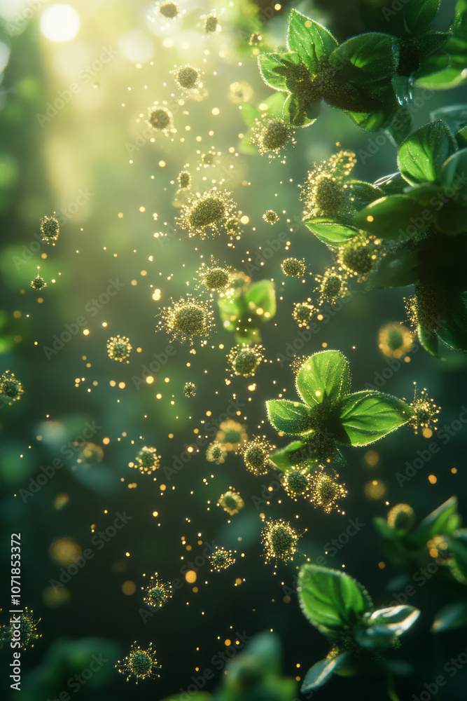 Aufkleber photorealistic image of pollen particles floating in sunlight with a blurred green background, symbo