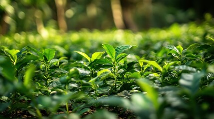 Fototapeta premium Lush green tea plants thriving in a tranquil environment.