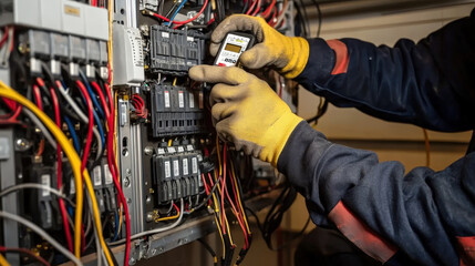 Electrician Working on Wiring Panel with Gloves